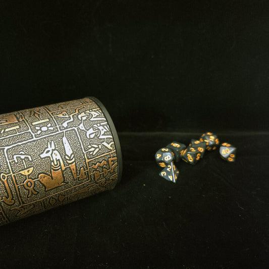 Dice Set (Black/Satin Effect) with Dice Cup (Ancient Egypt Themed)