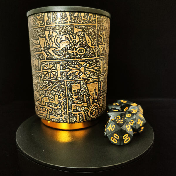 Dice Set (Black/Satin Effect) with Dice Cup (Ancient Egypt Themed)